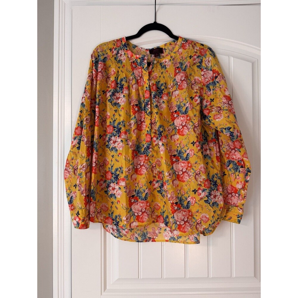 J Crew Liberty Fabric Popover Blouse Womens 16 Yellow Floral Cotton Boho Top
